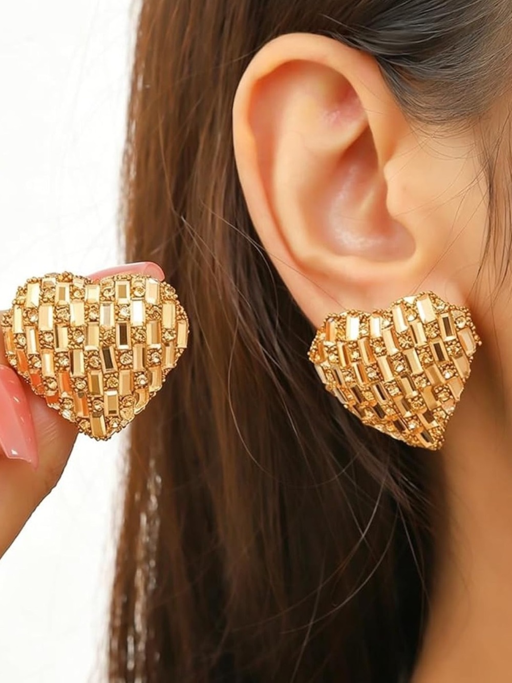 Anthropologie Gold Heart Basket-Weave Stud Earrings